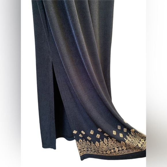 90s Reflections by Spiegel Black Gold Boho Maxi Dress M | Slinky Minimalist Chic - Picture 6 of 8